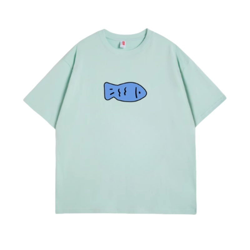Trendy Milk Green Fish Pattern T-Shirt
