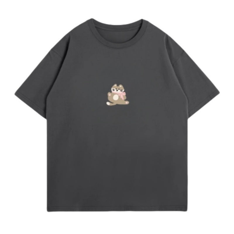 Adorable Cat Motif Dark Grey T-Shirt